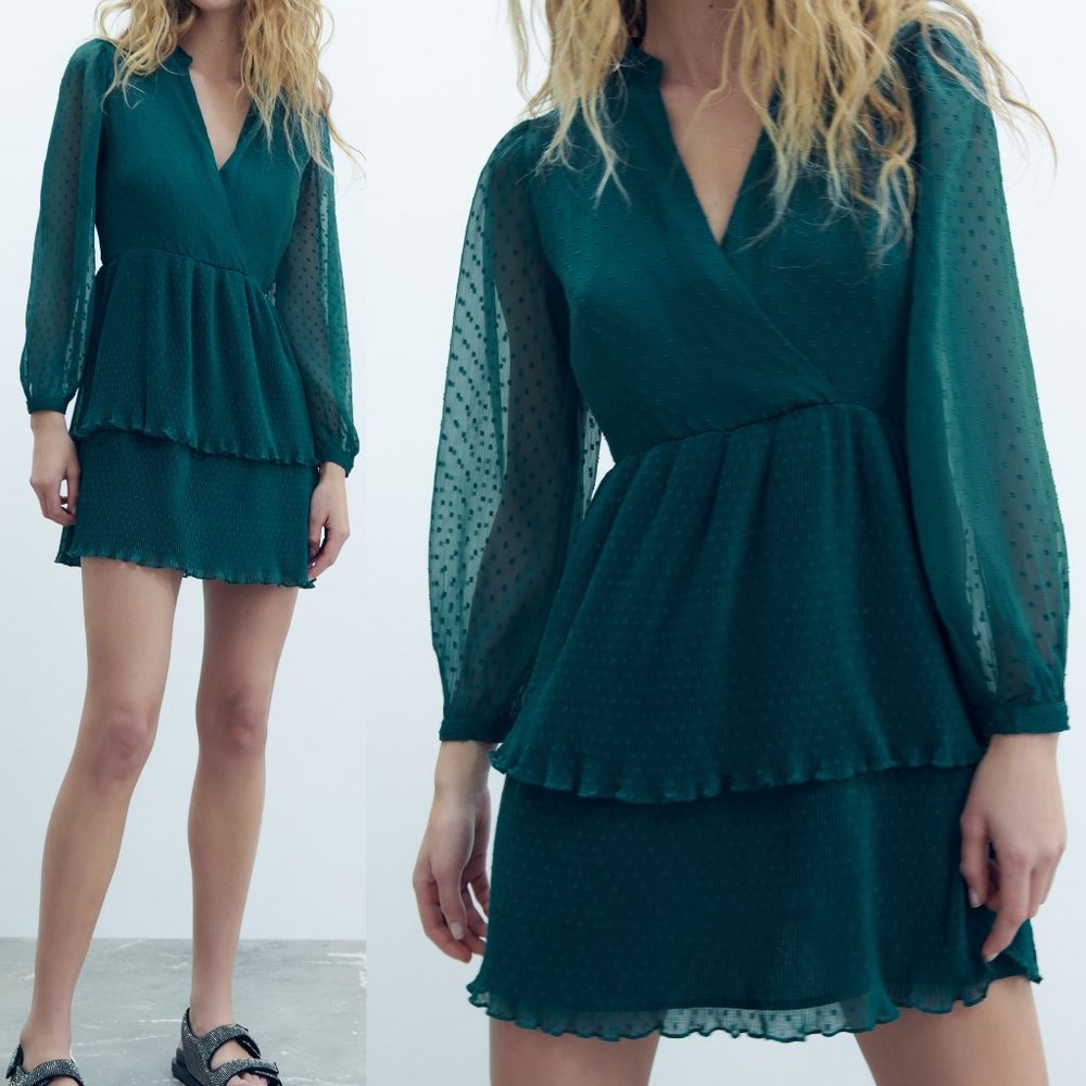 NEW Zara Teal Green Swiss Dot Mesh Surplice V Neck Ruffle Pleated Mini Dress M